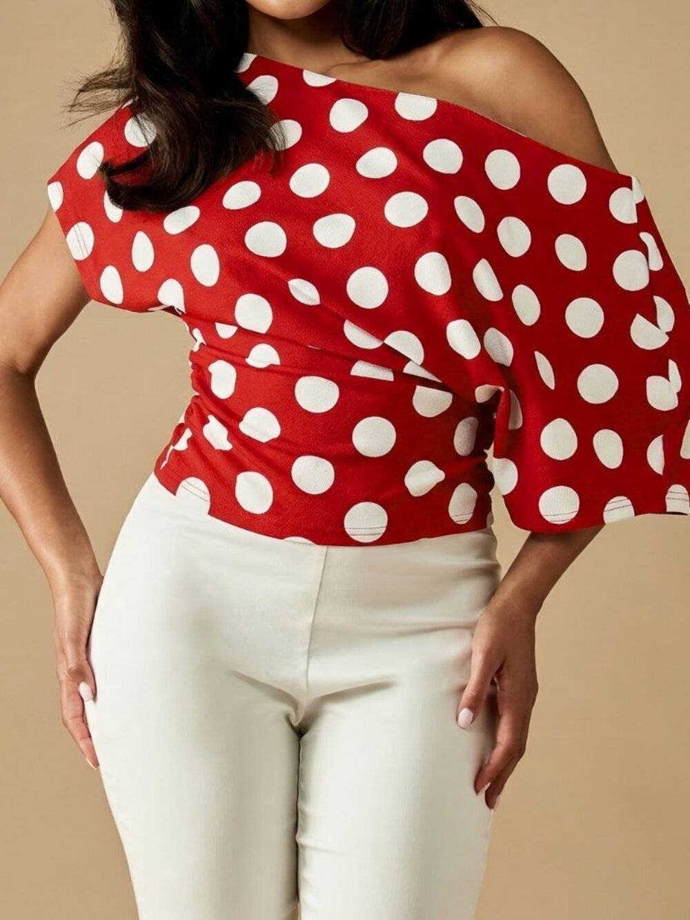 Red Casual Women's Polka Dot One Shoulder Tie Waist Blouse